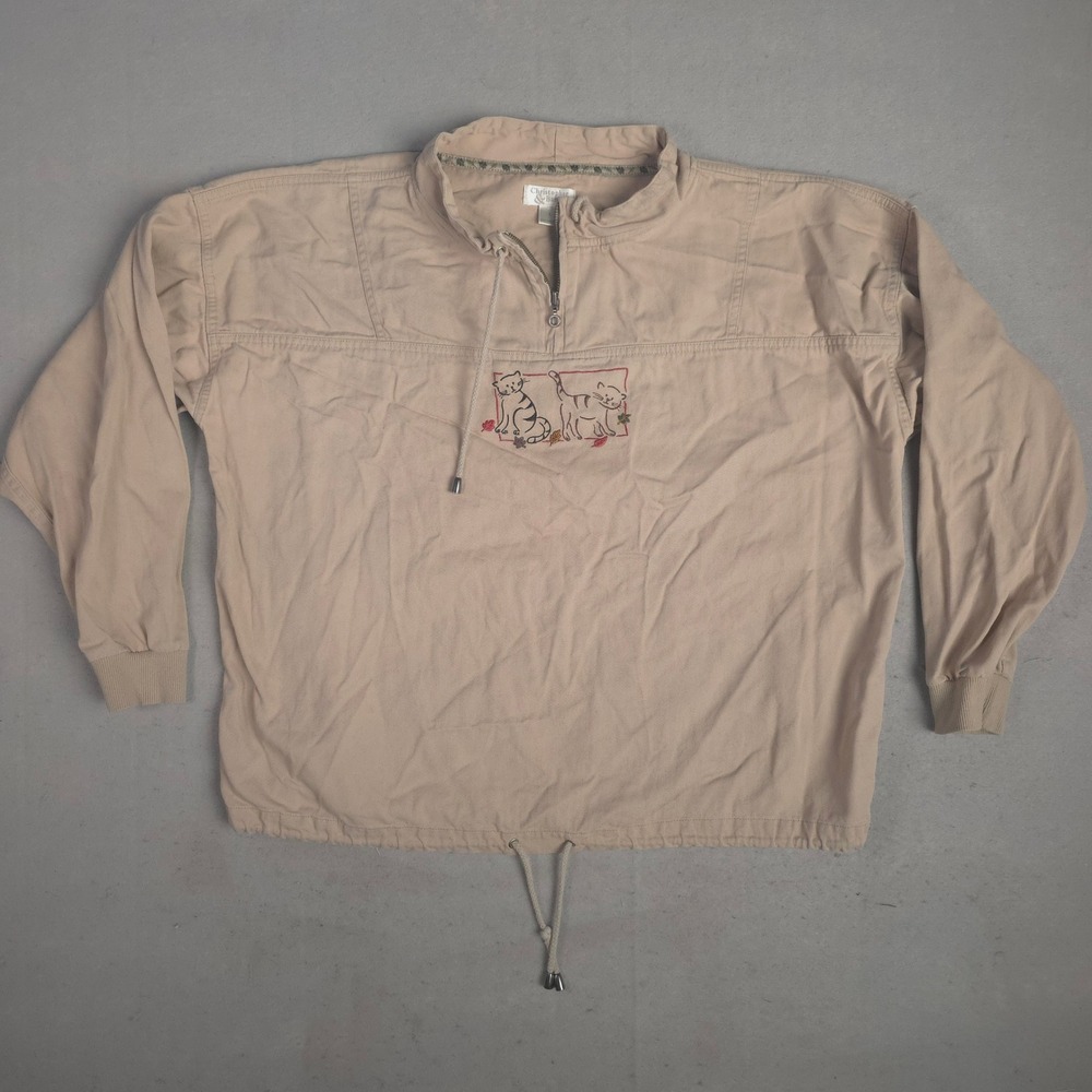 Christopher & Banks Womens Pullover Beige Cat Embroidered Quarter Zip Size L
